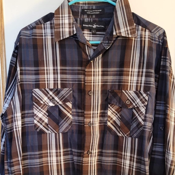 Men's Large Beverly Hills Polo Club button-down flannel. Brown and blue. - Picture 3 of 3